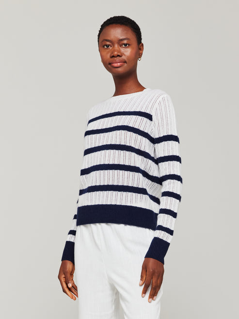 Brodie Cashmere Breton Stitch Crew Sweater White/Navy