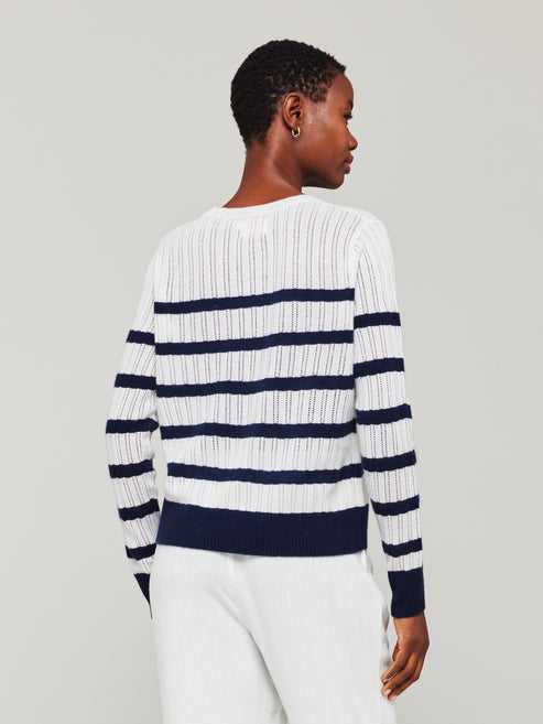 Brodie Cashmere Breton Stitch Crew Sweater White/Navy