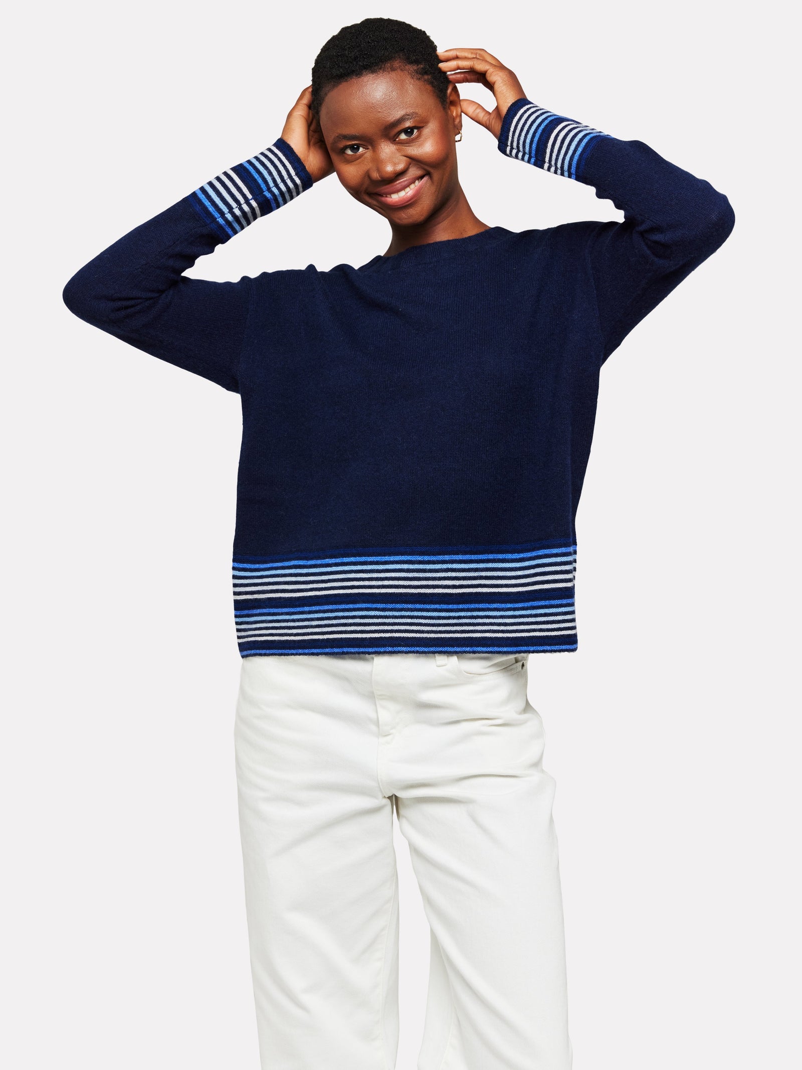 Brodie Cashmere Mini Stripe Pearl Crewneck Sweater Navy