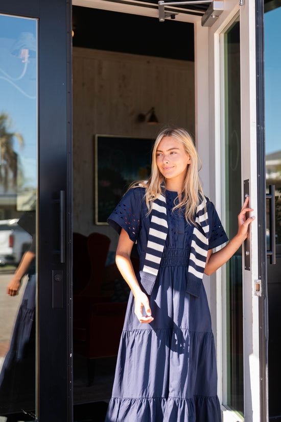 Sail to Sable Cinched Waist Midi Dress w/ Ric Rac Navy