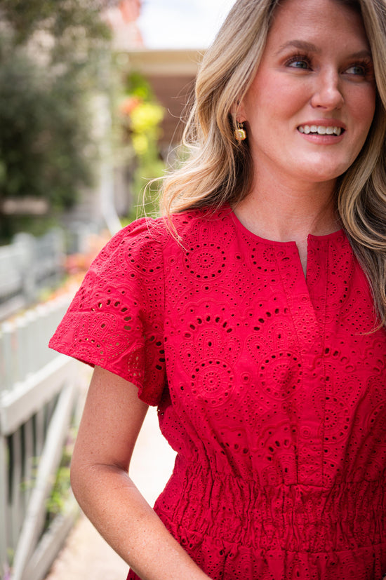 Sail To Sable Red Eyelet Cinched Waist Midi Dress -  Chili Pepper