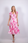 Sail to Sable V Neck Smocked Midi Dress Pink Leaf Print