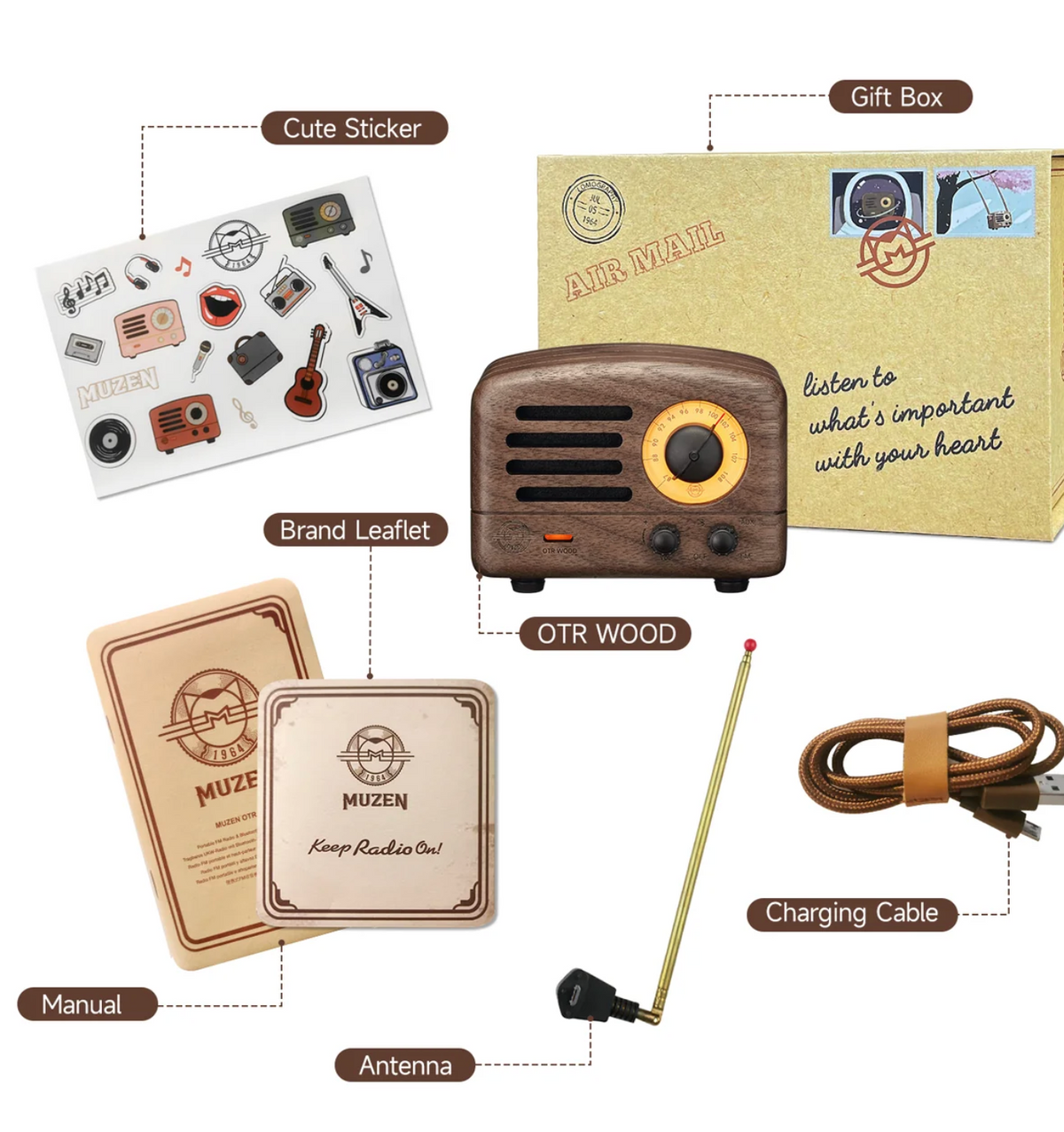 Muzen - OTR Wood and Utopia Retro Portable FM Radio Bluetooth Speaker - Walnut