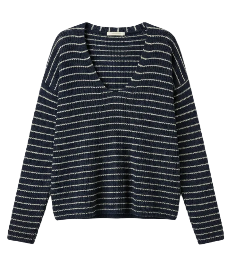 Faherty - Miramar Linen Deep V Sweater - Navy Stripe