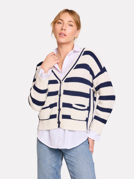 Brodie Wispr Stripe Crop Cardigan Sweater White/Navy Stripes