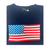 A navy crewneck sweater with a knitted American flag on the front.