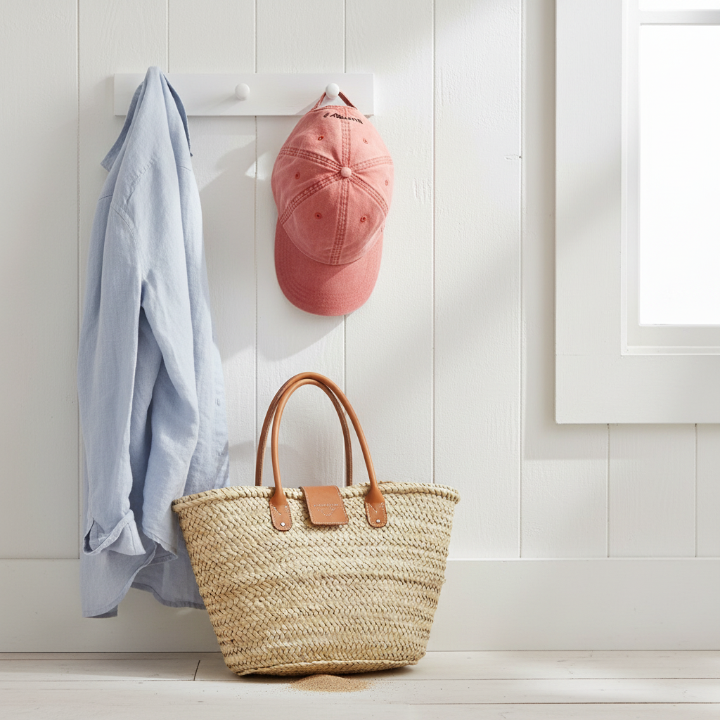 Bright coastal display with red baseball hat on hook