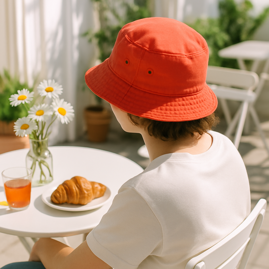 Café lifestyle with bucket hat
