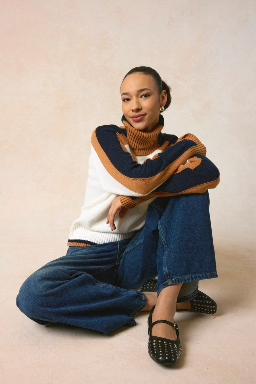 Brodie Wispr Celine Roll Neck Sweater Ivory/Caramel/Navy