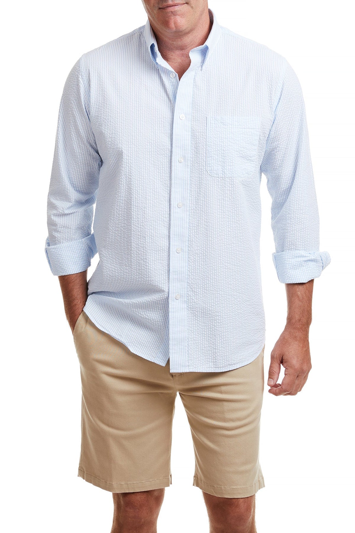 Castaway Chase Long Sleeve Blue Seersucker Shirt