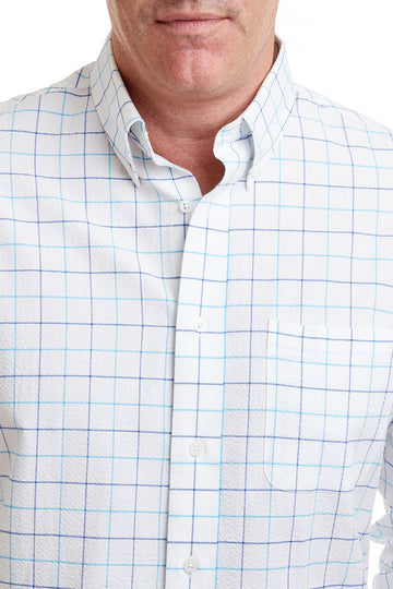 Castaway Chase Shirt Blue and Navy Windowpane Seersucker