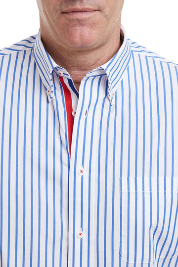 Castaway Chase Shirt Blue Stripe with Red White and Royal Blue Grosgrain