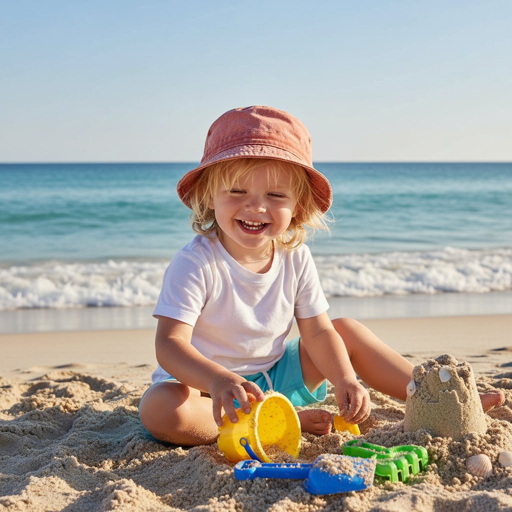 Child at beach with bucket hat