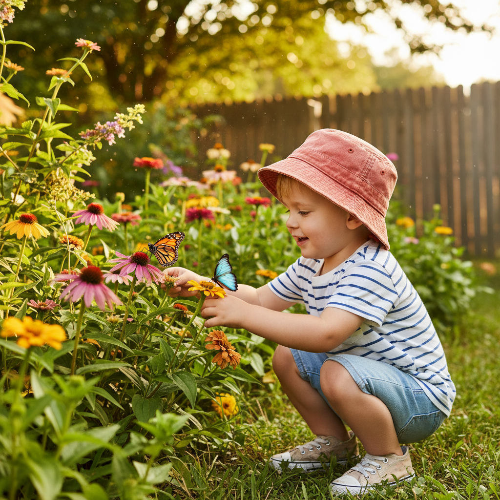 Child exploring garden with bucket hat