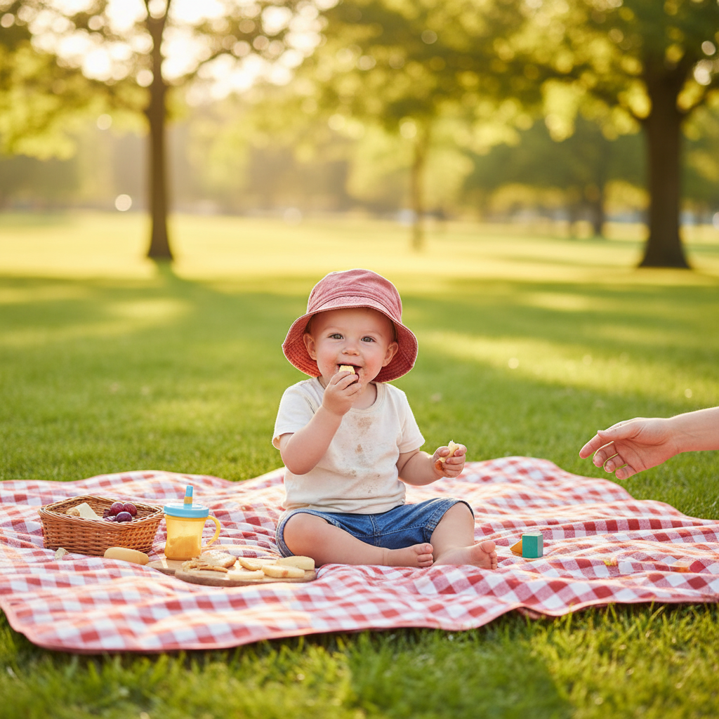Child having picnic with bucket hat