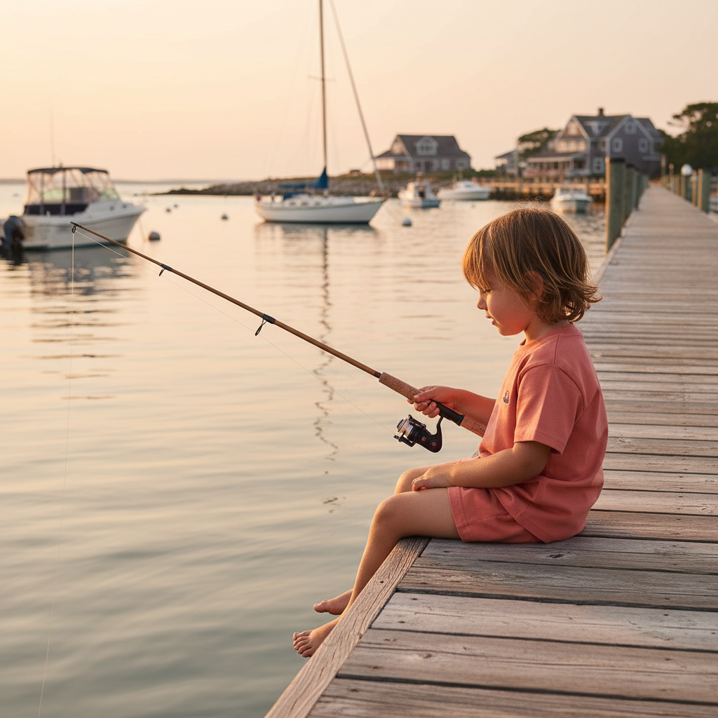 Child in Nantucket red t-shirt on dock