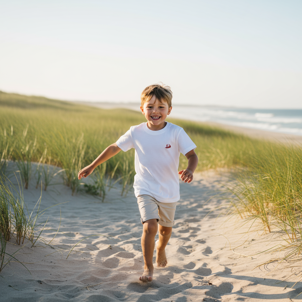 Child in white t-shirt playing on beach