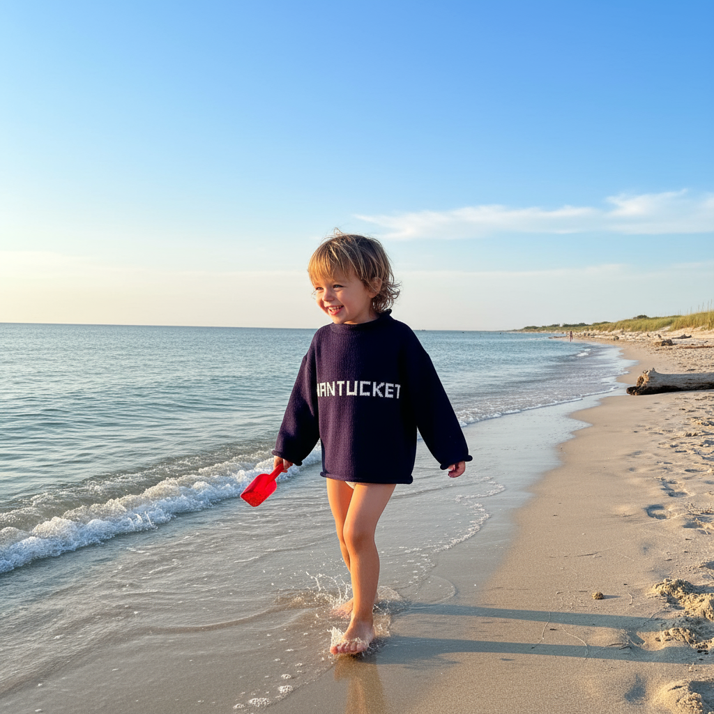 Child wearing NANTUCKET sweater at the beach