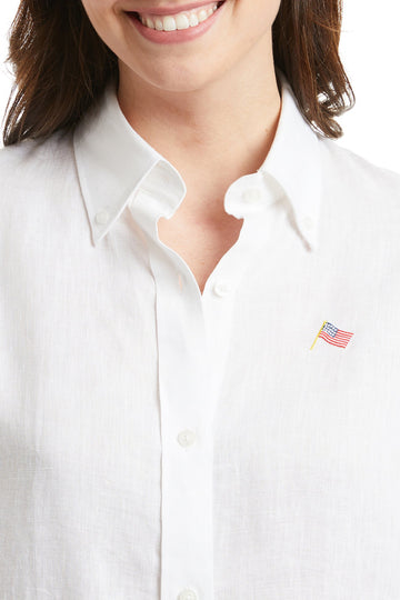 Castaway Ladies Shirt White Linen w/ Single USA Flag