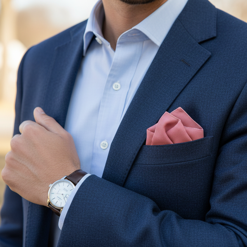 Nantucket Reds Pocket Square in Navy Blazer