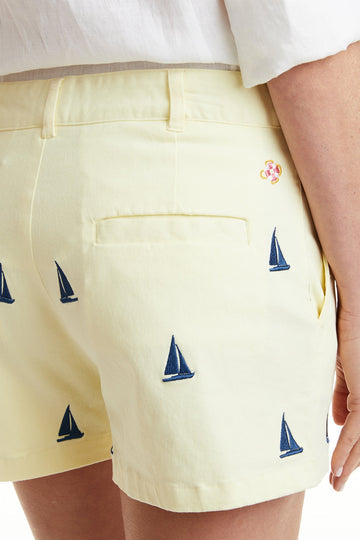Castaway Sailing Short Stretch Twill Neon Yellow w/ Sailboat