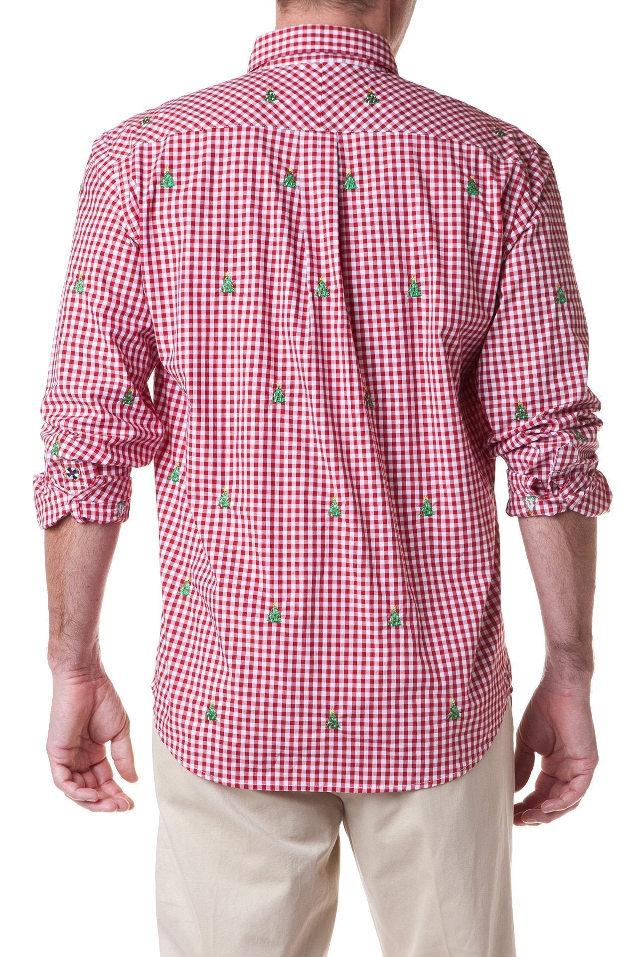 Castaway Straight Wharf Mens Shirt Red Gingham with Christmas Trees