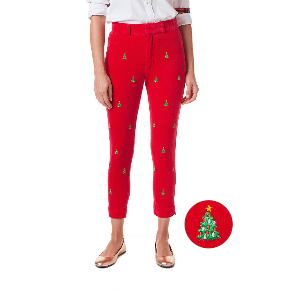 Castaway Beachcomber Corduroy Capri Pants Crimson with Christmas Tree