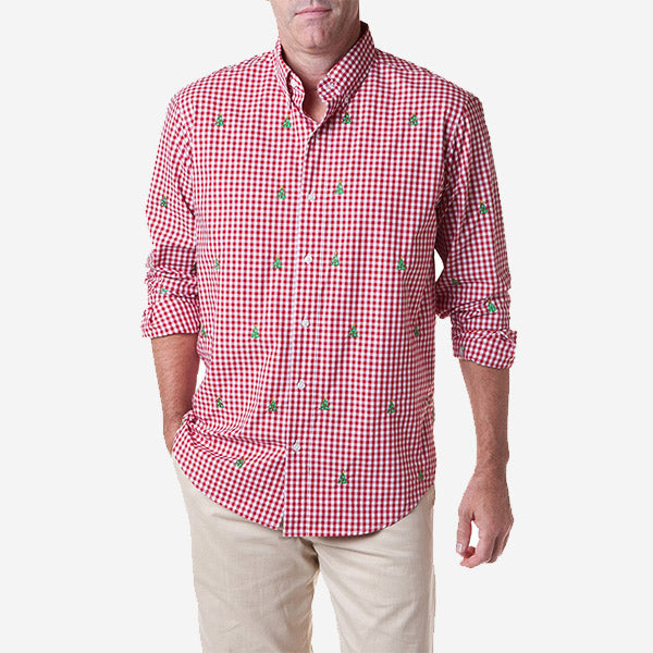 Castaway Straight Wharf Shirt - Red Gingham with Christmas Tree