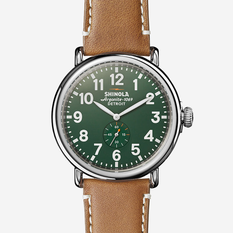 Shinola The Runwell 47 mm Men&#39;s Green Watch Maple Aniline Latigo Leather Strap