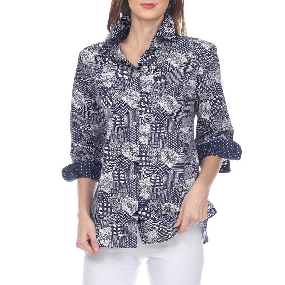 Hinson Wu Margot 3/4 Sleeve Printed Shirt Navy White