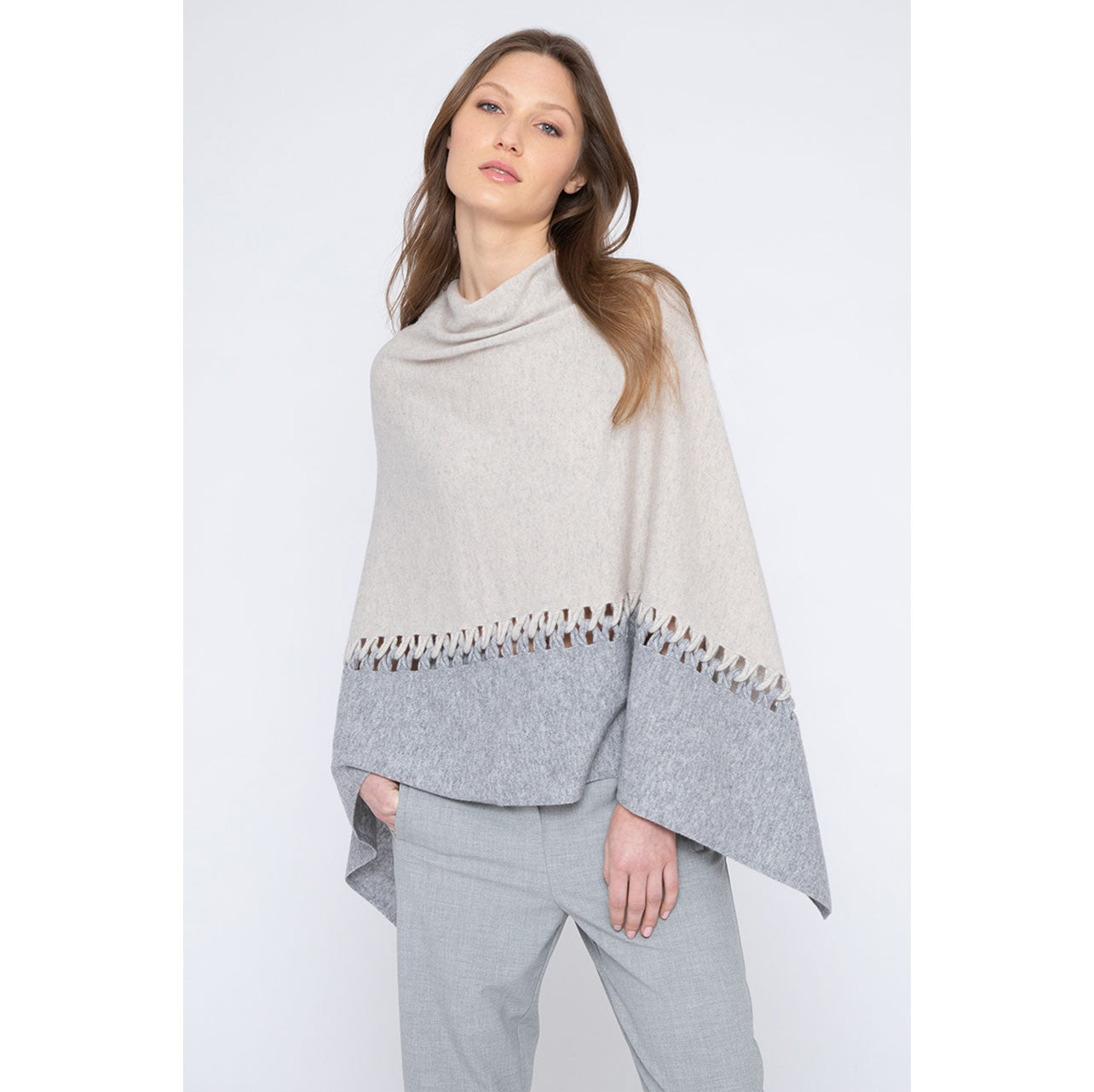 Kinross Cashmere Twist Stitch Poncho - Blue Spruce/Sterling