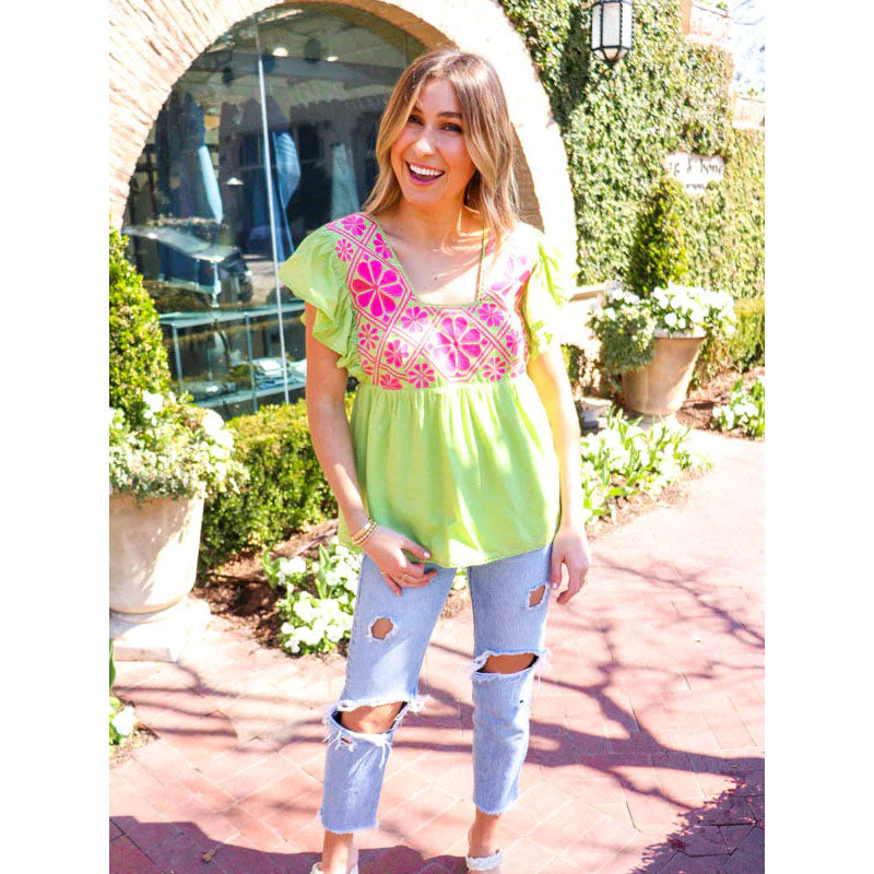 J. Marie Rowan Top - Lime/Pink Embroidery