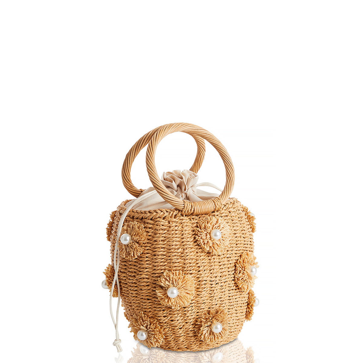 Woven Flower Imitation Pearl Handbag Natural