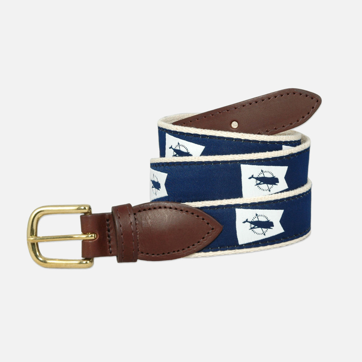 YRI Men&#39;s Ribbon Belt Nantucket Burgee - White on Natural Webbing