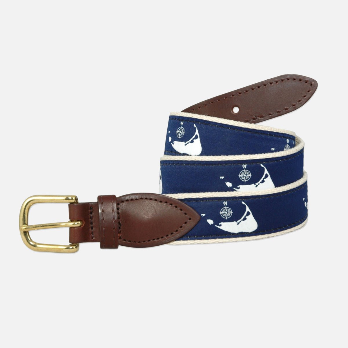 YRI Men&#39;s Ribbon Belt Nantucket Compass - White on Natural Webbing