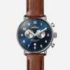 Shinola The Canfield Chrono 43MM Men&#39;s Blue Watch - Dark Cognac Leather Strap